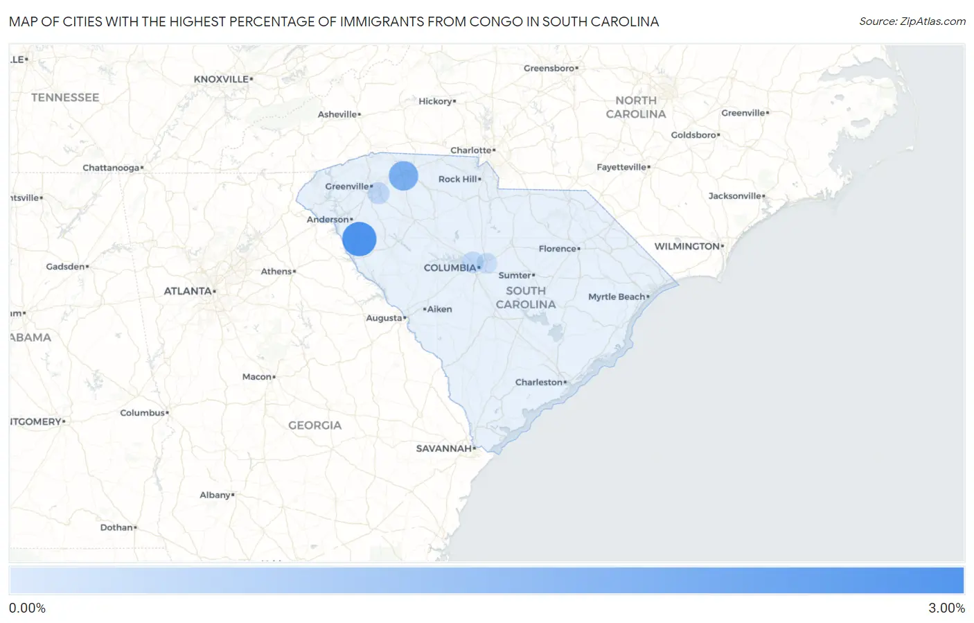 Cities with the Highest Percentage of Immigrants from Congo in South Carolina Map