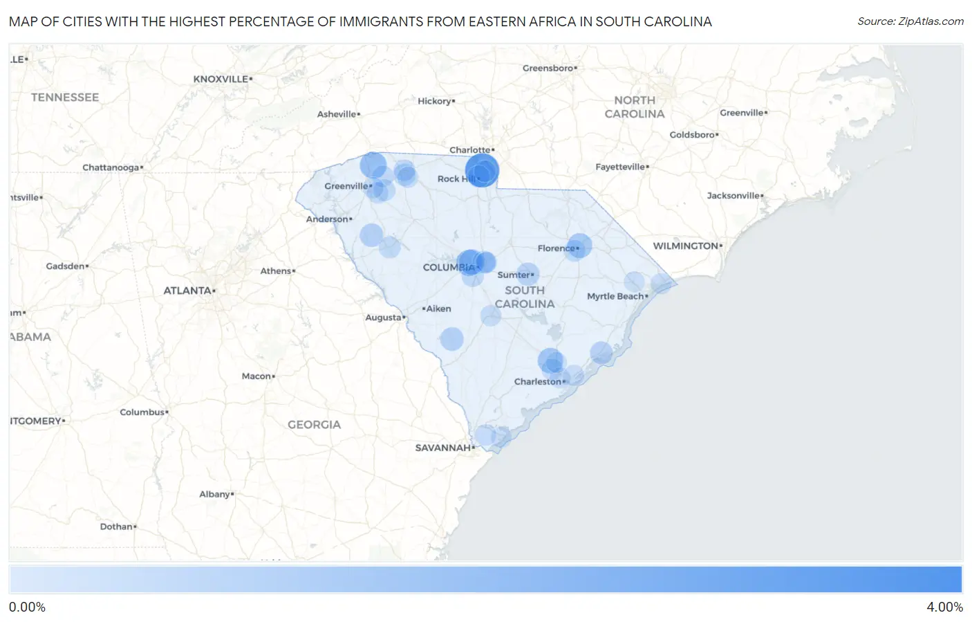 Cities with the Highest Percentage of Immigrants from Eastern Africa in South Carolina Map