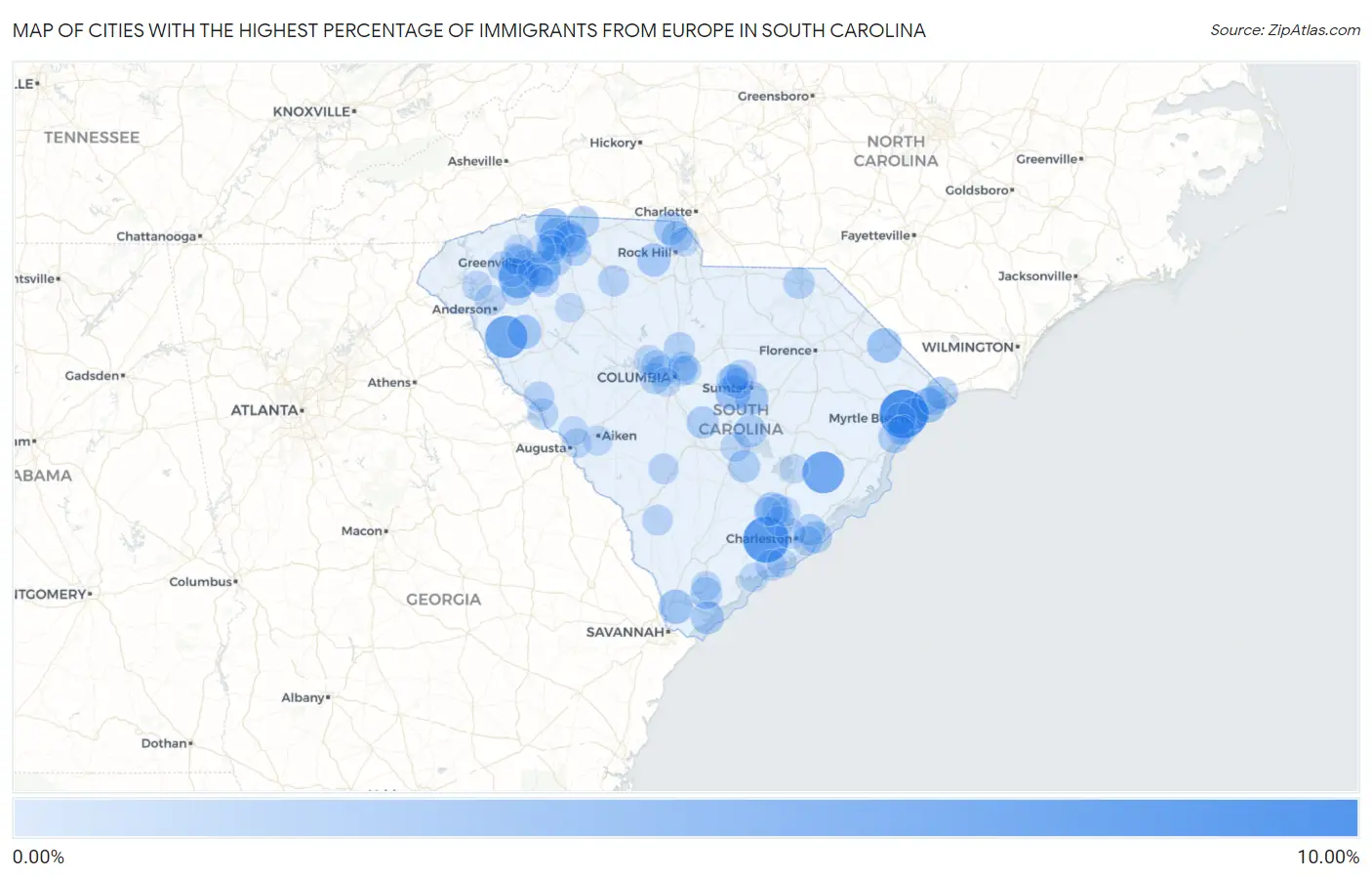 Cities with the Highest Percentage of Immigrants from Europe in South Carolina Map