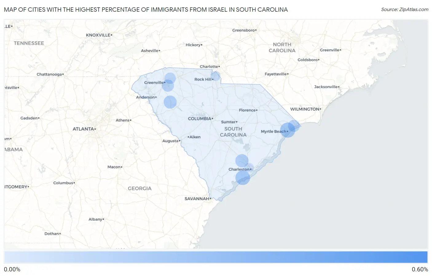 Cities with the Highest Percentage of Immigrants from Israel in South Carolina Map
