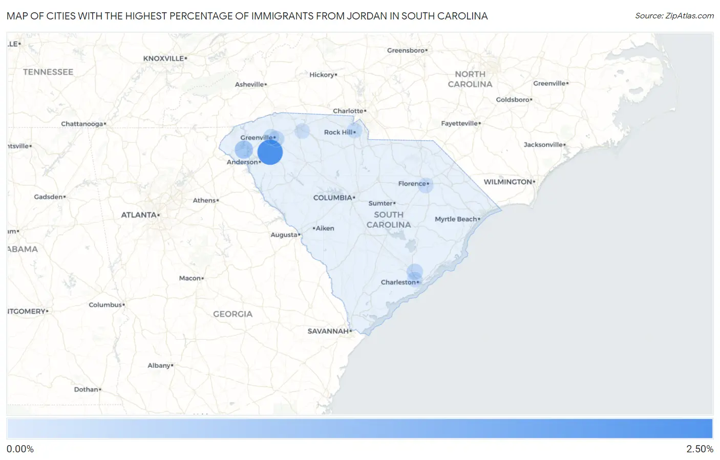 Cities with the Highest Percentage of Immigrants from Jordan in South Carolina Map