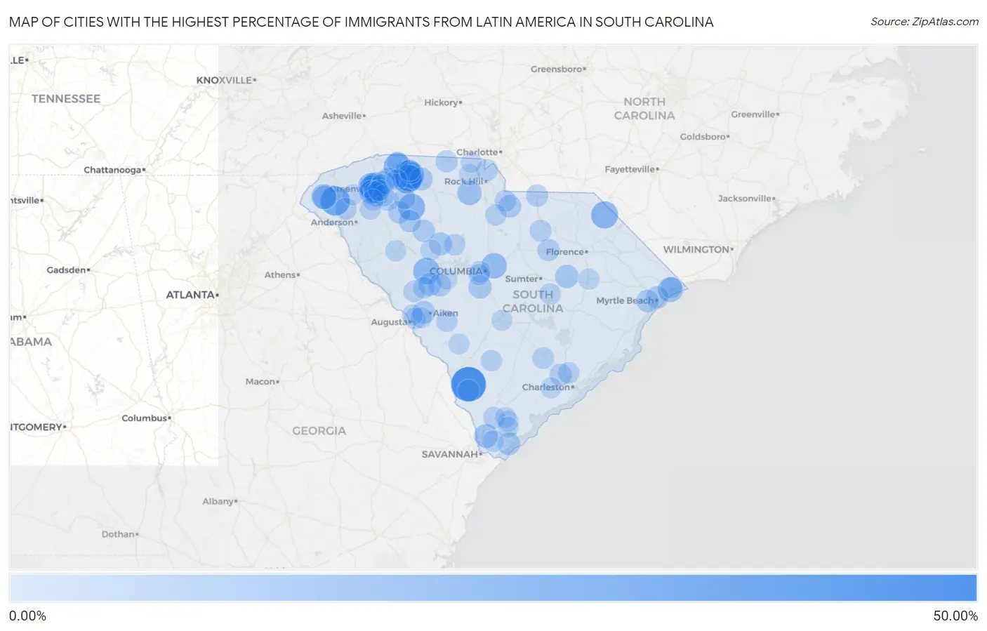 Cities with the Highest Percentage of Immigrants from Latin America in South Carolina Map