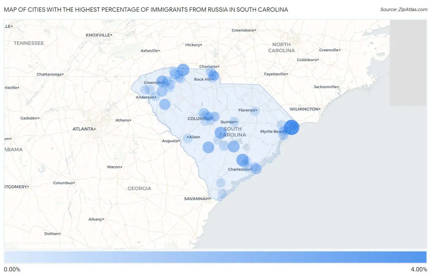 Cities with the Highest Percentage of Immigrants from Russia in South Carolina Map