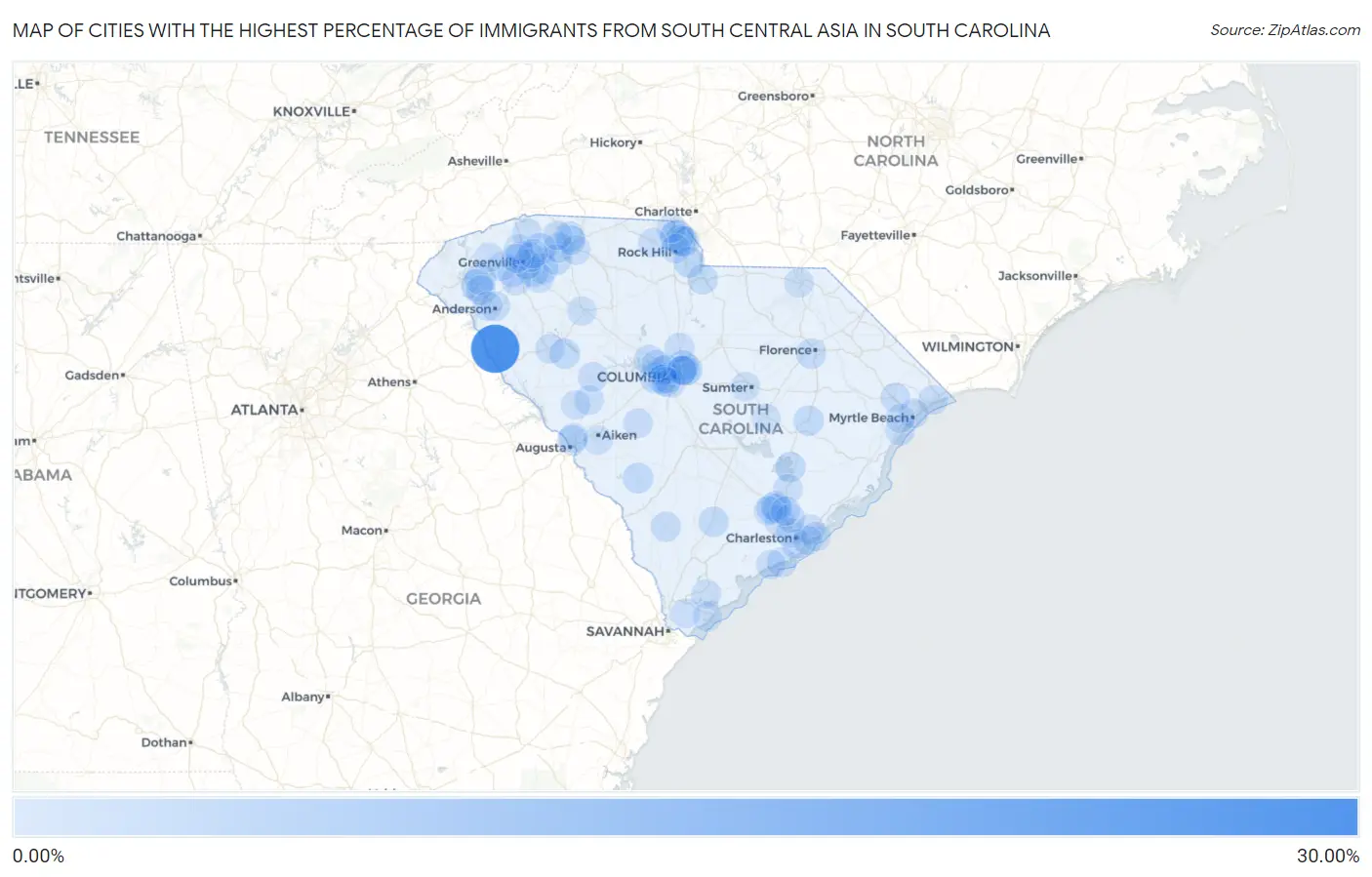Cities with the Highest Percentage of Immigrants from South Central Asia in South Carolina Map