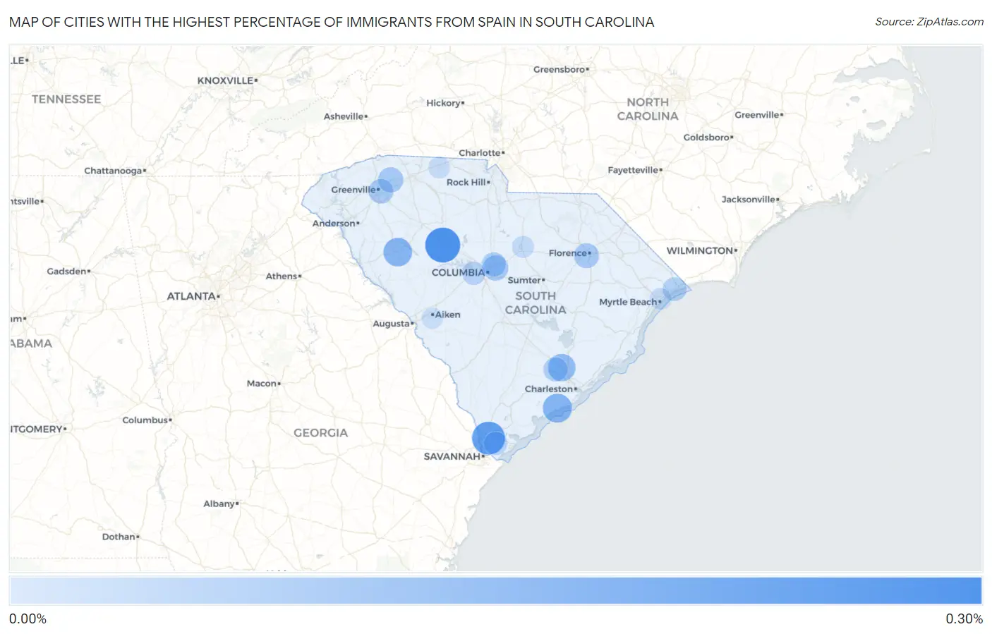 Cities with the Highest Percentage of Immigrants from Spain in South Carolina Map