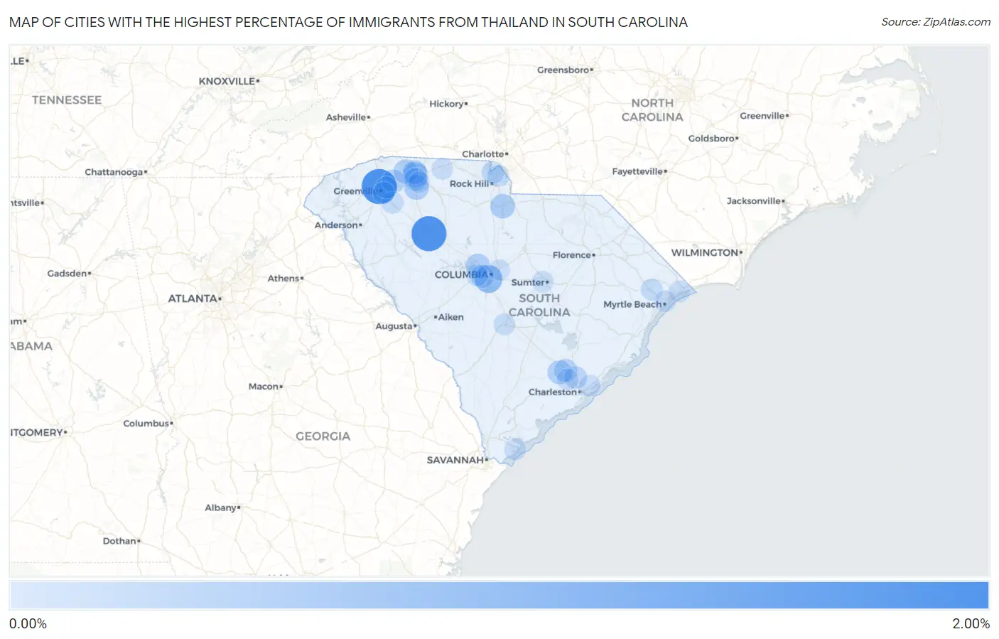 Cities with the Highest Percentage of Immigrants from Thailand in South Carolina Map