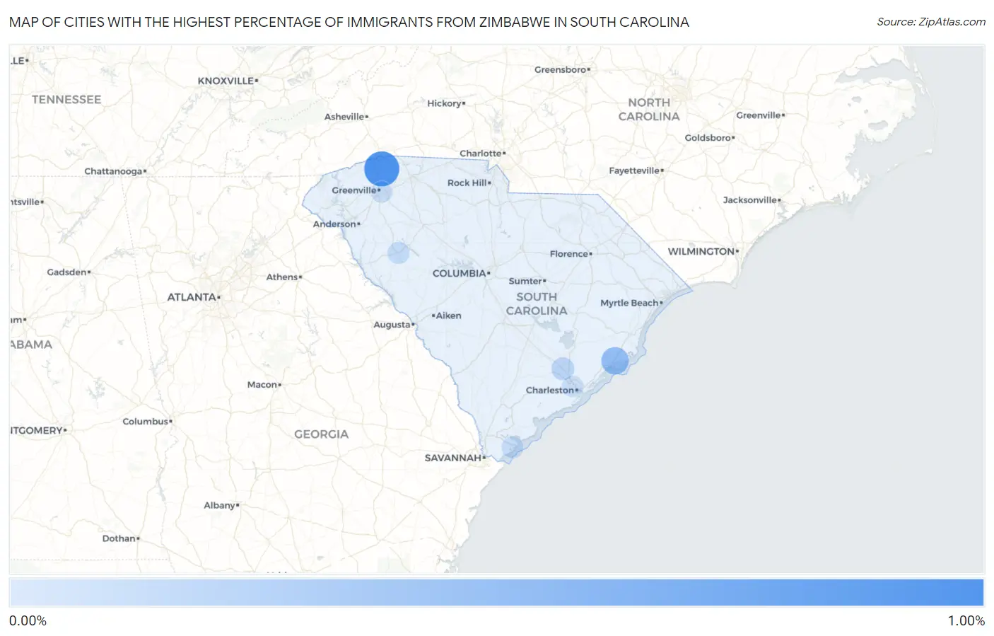 Cities with the Highest Percentage of Immigrants from Zimbabwe in South Carolina Map