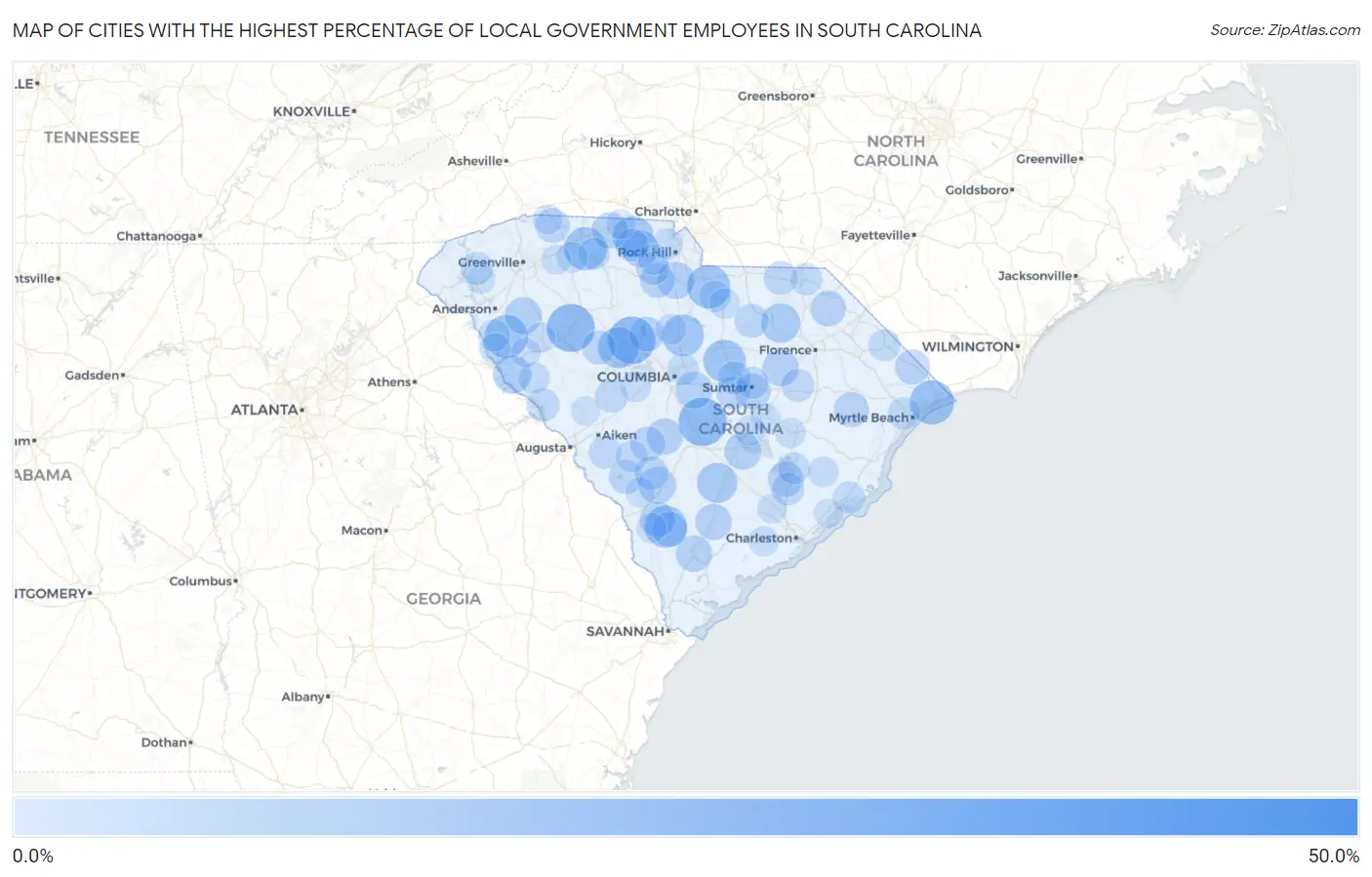 Cities with the Highest Percentage of Local Government Employees in South Carolina Map
