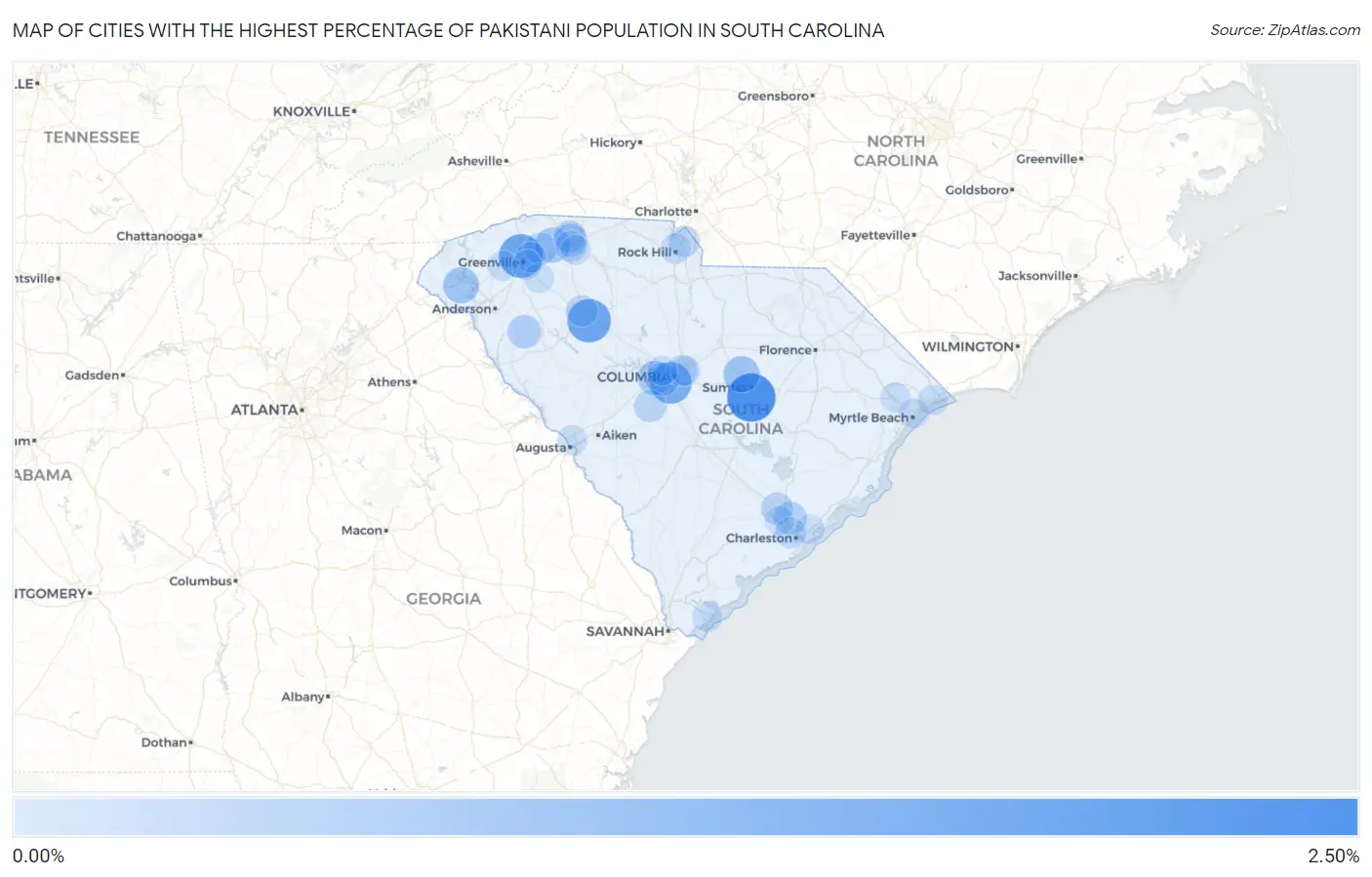 Cities with the Highest Percentage of Pakistani Population in South Carolina Map