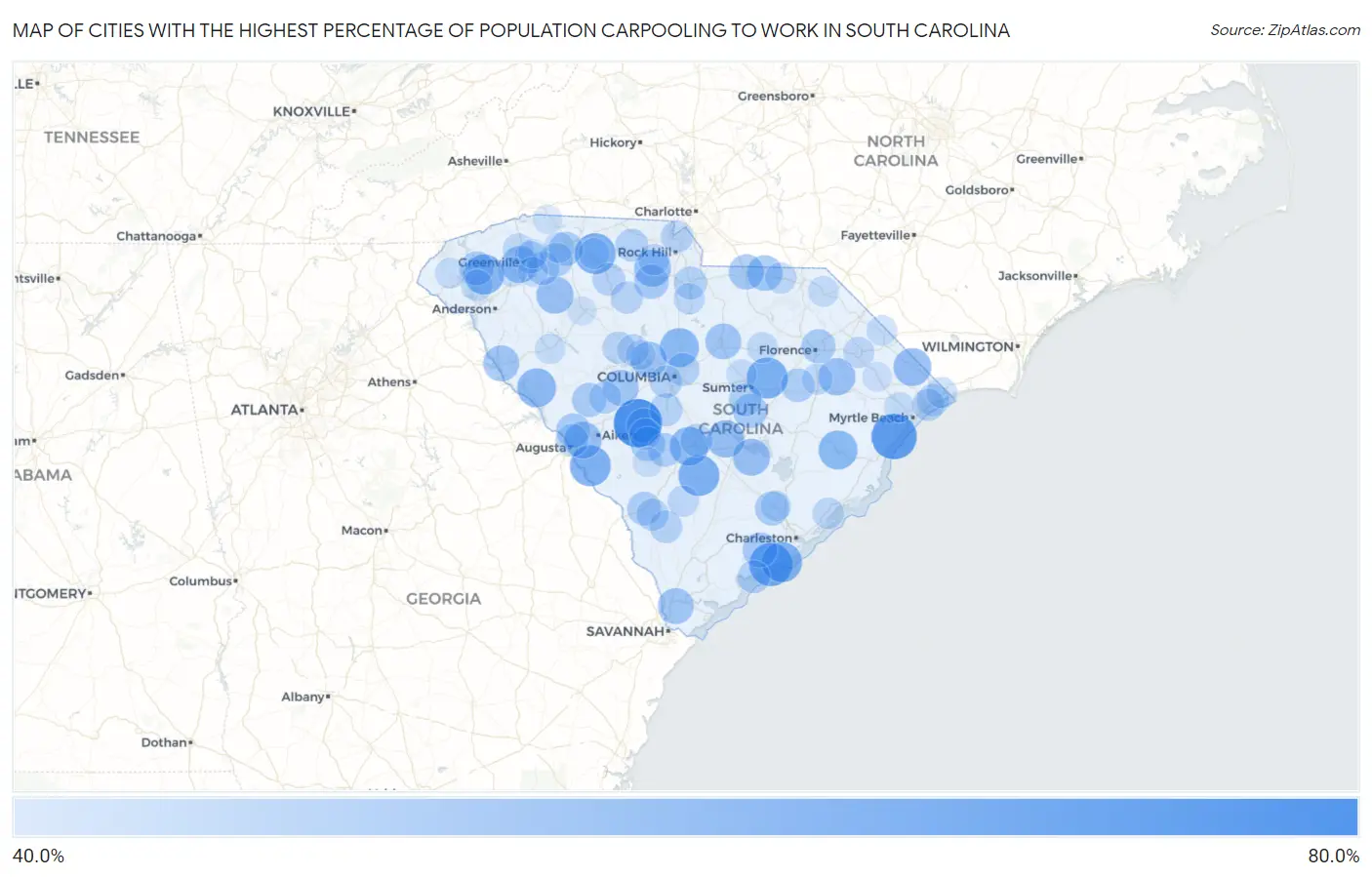 Cities with the Highest Percentage of Population Carpooling to Work in South Carolina Map