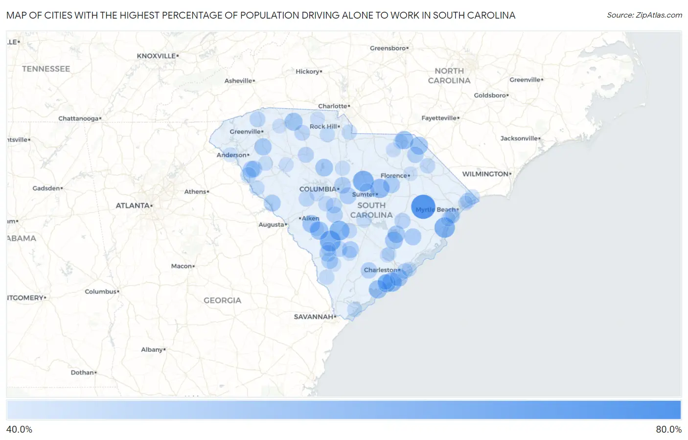 Cities with the Highest Percentage of Population Driving Alone to Work in South Carolina Map