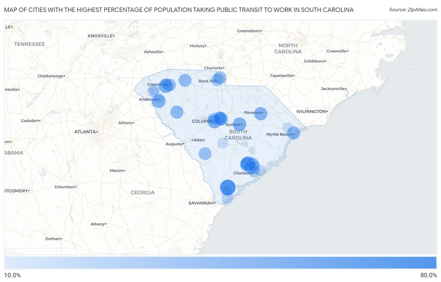 Cities with the Highest Percentage of Population Taking Public Transit to Work in South Carolina Map