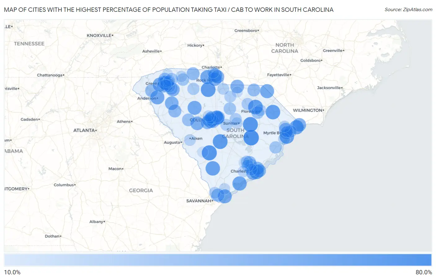 Cities with the Highest Percentage of Population Taking Taxi / Cab to Work in South Carolina Map