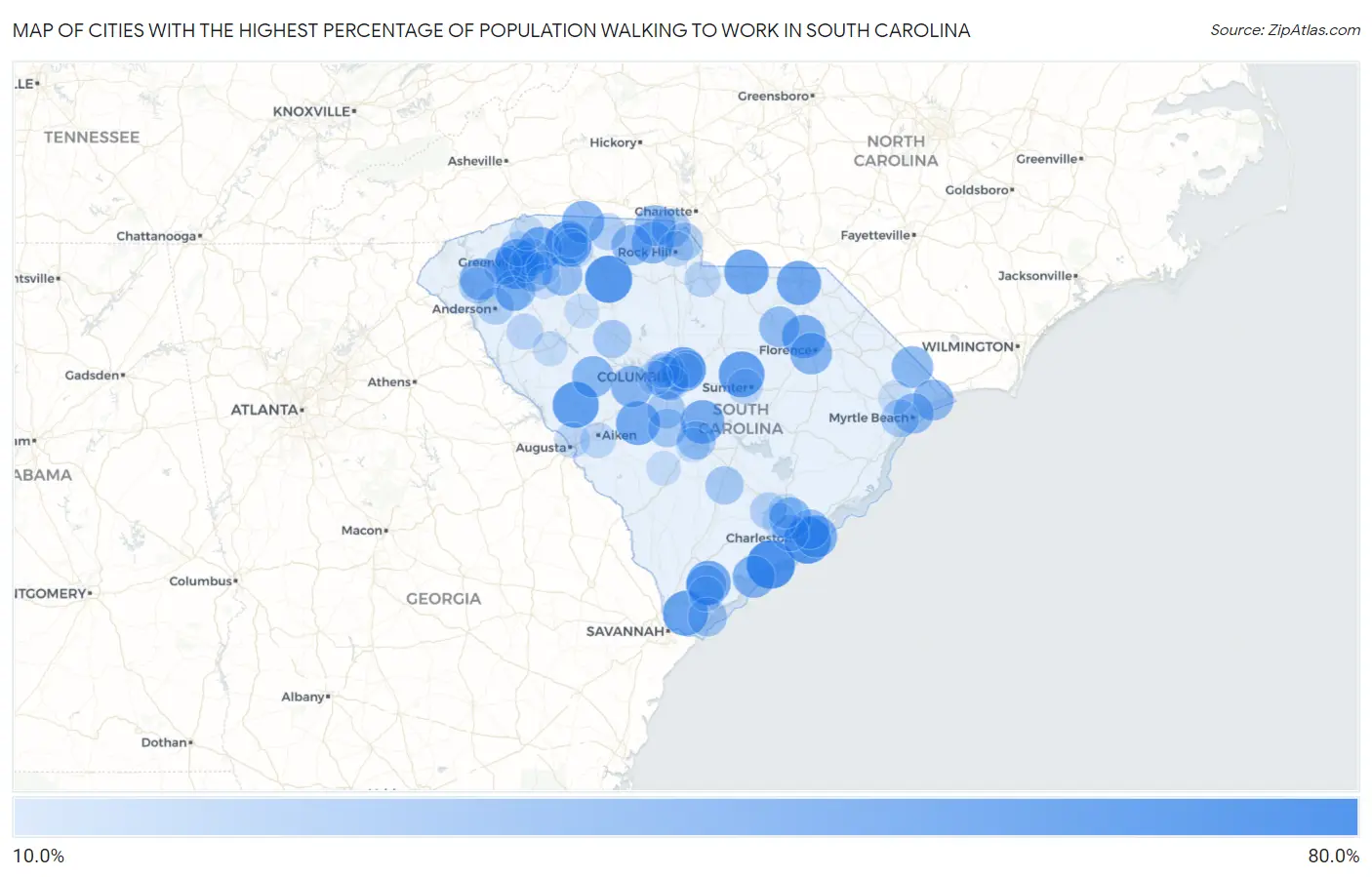 Cities with the Highest Percentage of Population Walking to Work in South Carolina Map