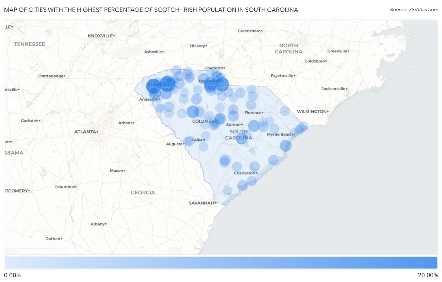 Cities with the Highest Percentage of Scotch-Irish Population in South Carolina Map