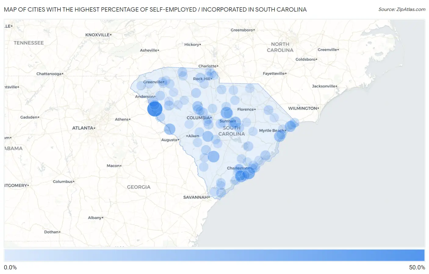 Cities with the Highest Percentage of Self-Employed / Incorporated in South Carolina Map