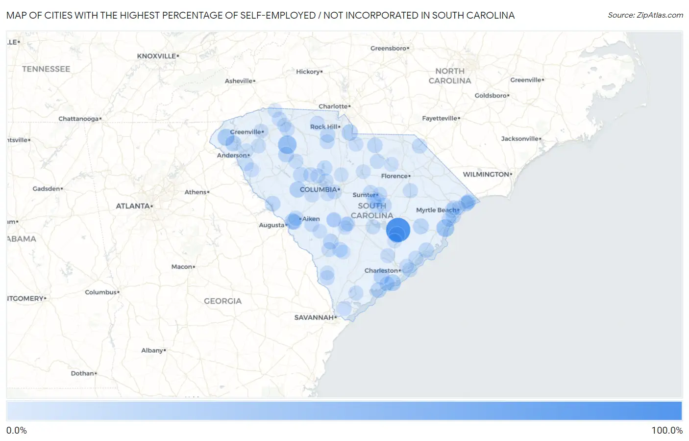 Cities with the Highest Percentage of Self-Employed / Not Incorporated in South Carolina Map