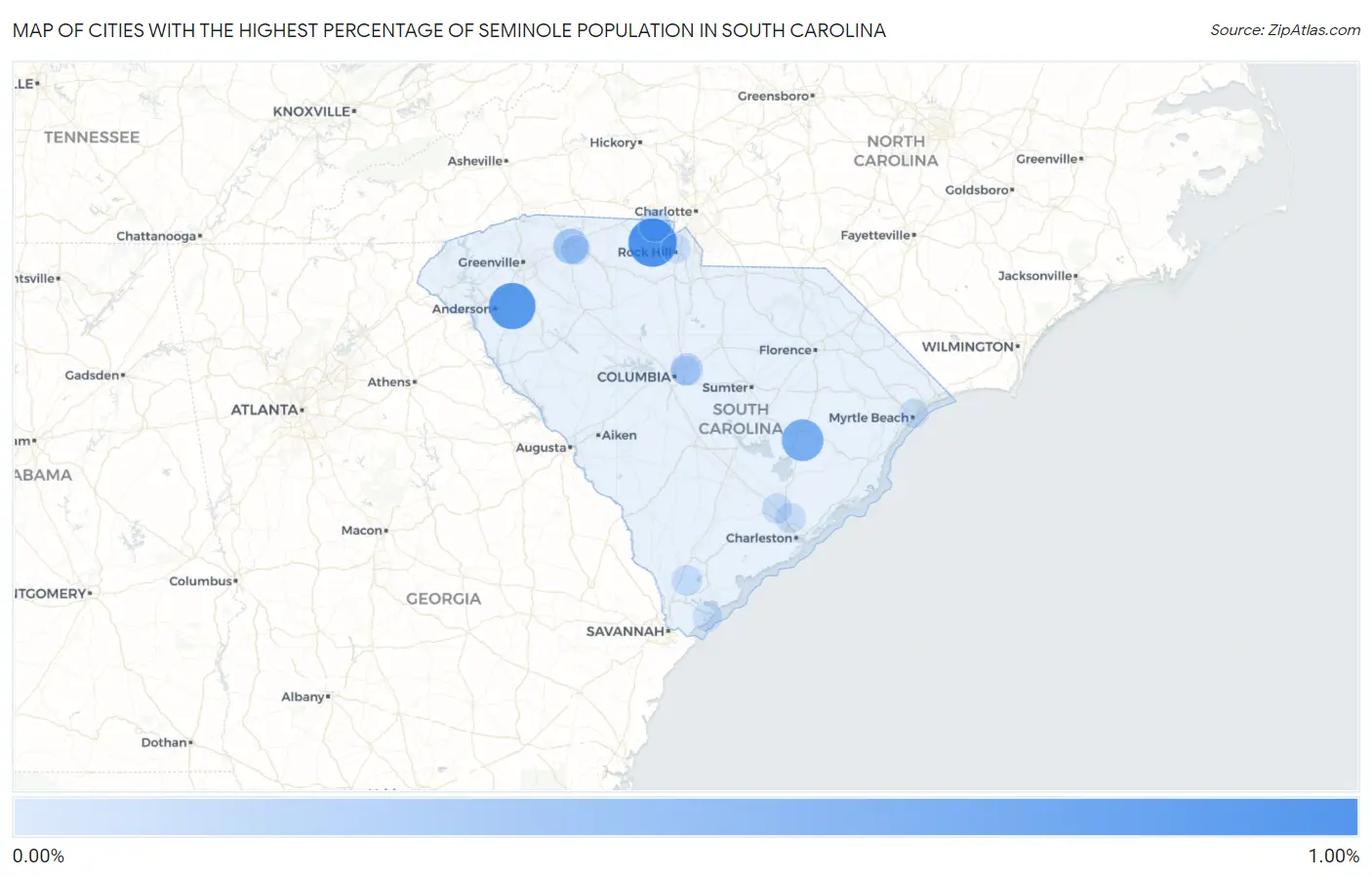 Cities with the Highest Percentage of Seminole Population in South Carolina Map