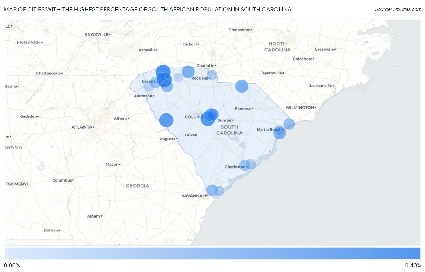 Cities with the Highest Percentage of South African Population in South Carolina Map