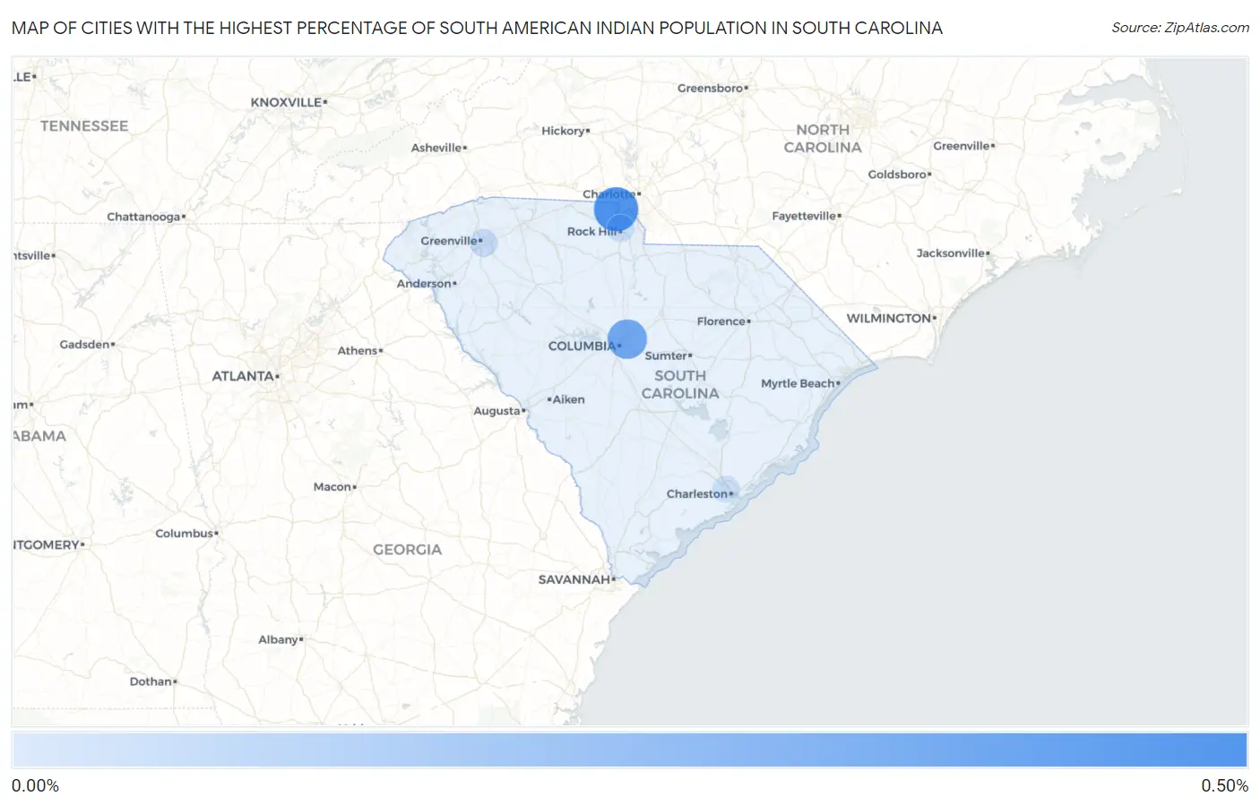 Cities with the Highest Percentage of South American Indian Population in South Carolina Map