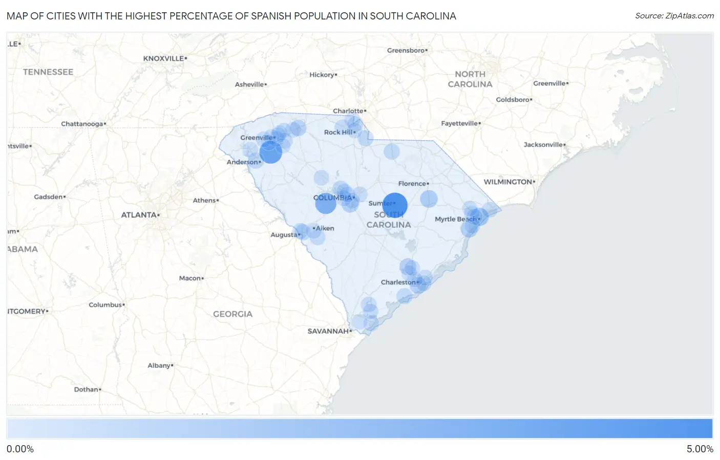 Cities with the Highest Percentage of Spanish Population in South Carolina Map