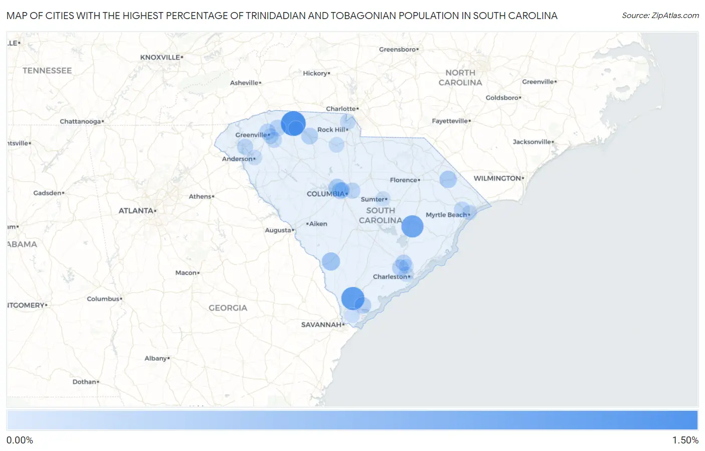 Cities with the Highest Percentage of Trinidadian and Tobagonian Population in South Carolina Map