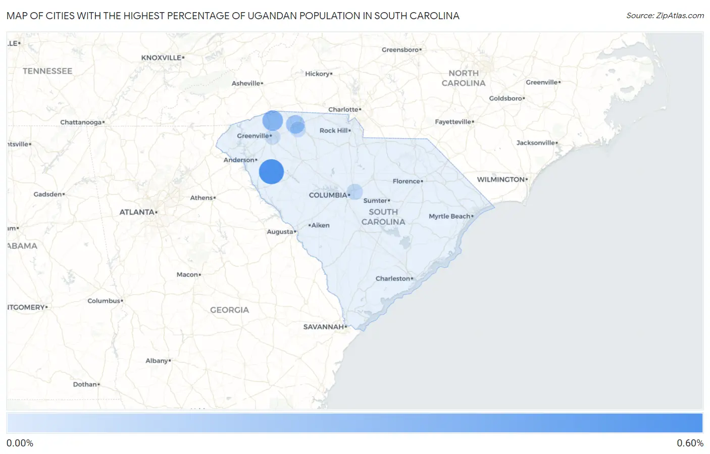 Cities with the Highest Percentage of Ugandan Population in South Carolina Map