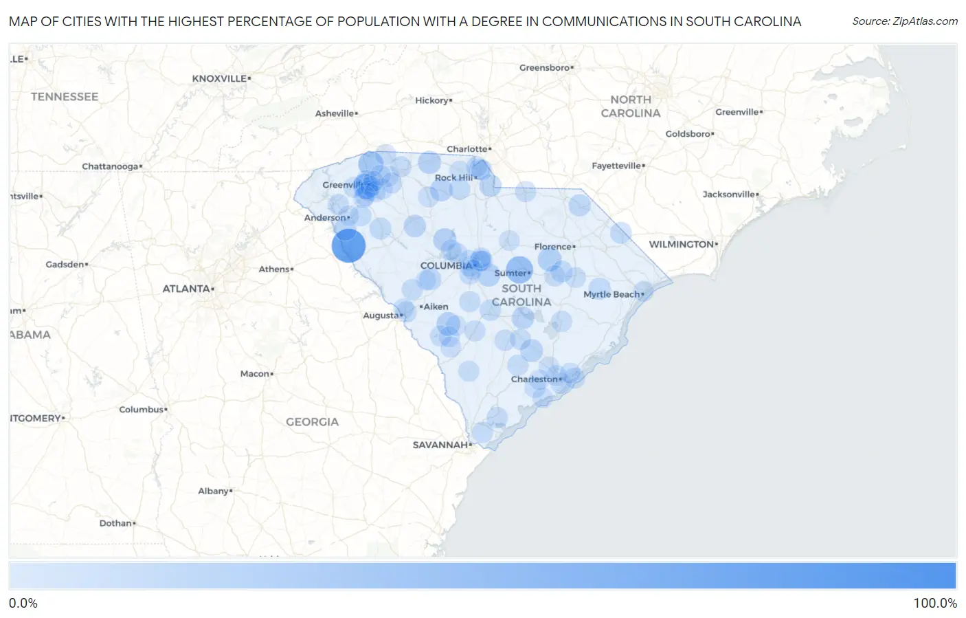 Cities with the Highest Percentage of Population with a Degree in Communications in South Carolina Map