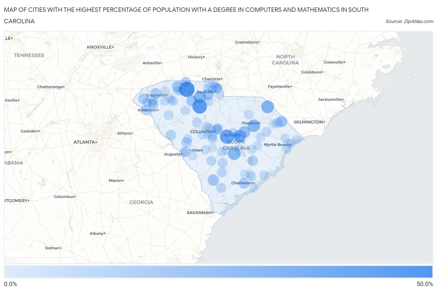 Cities with the Highest Percentage of Population with a Degree in Computers and Mathematics in South Carolina Map