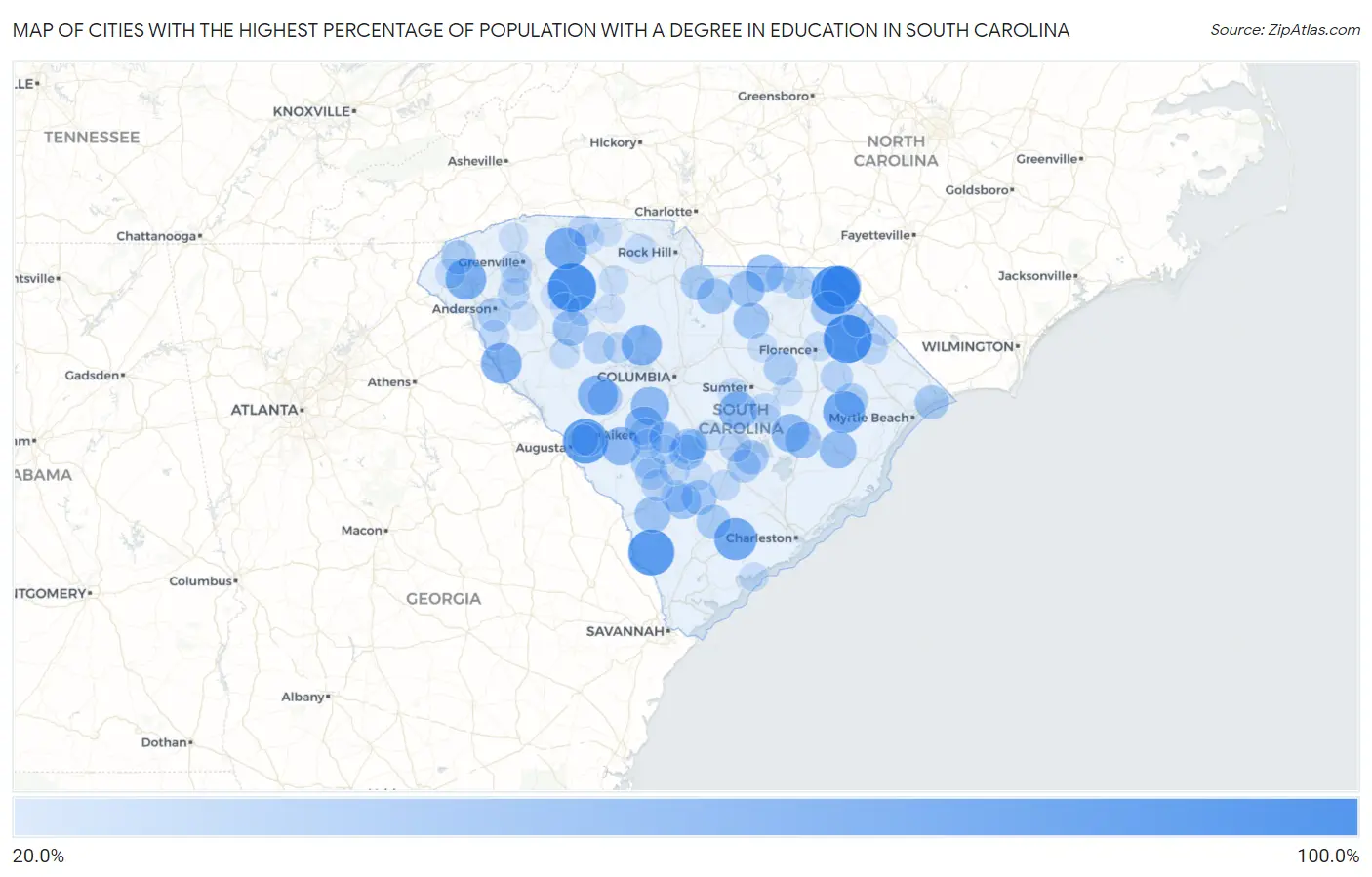 Cities with the Highest Percentage of Population with a Degree in Education in South Carolina Map