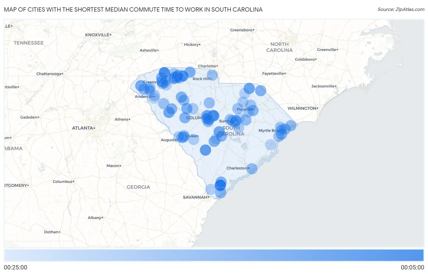 Cities with the Shortest Median Commute Time to Work in South Carolina Map