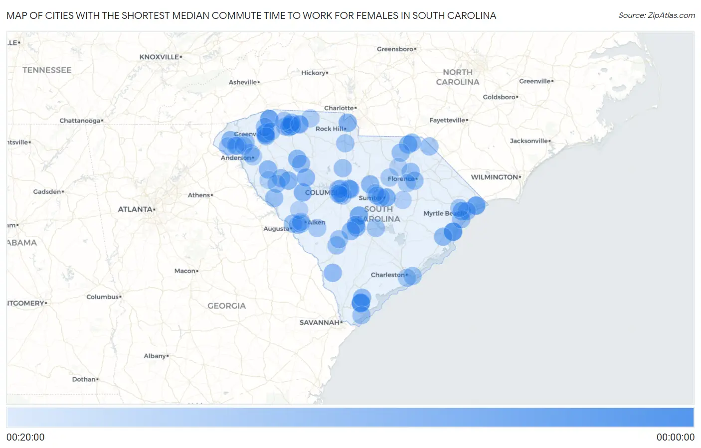 Cities with the Shortest Median Commute Time to Work for Females in South Carolina Map