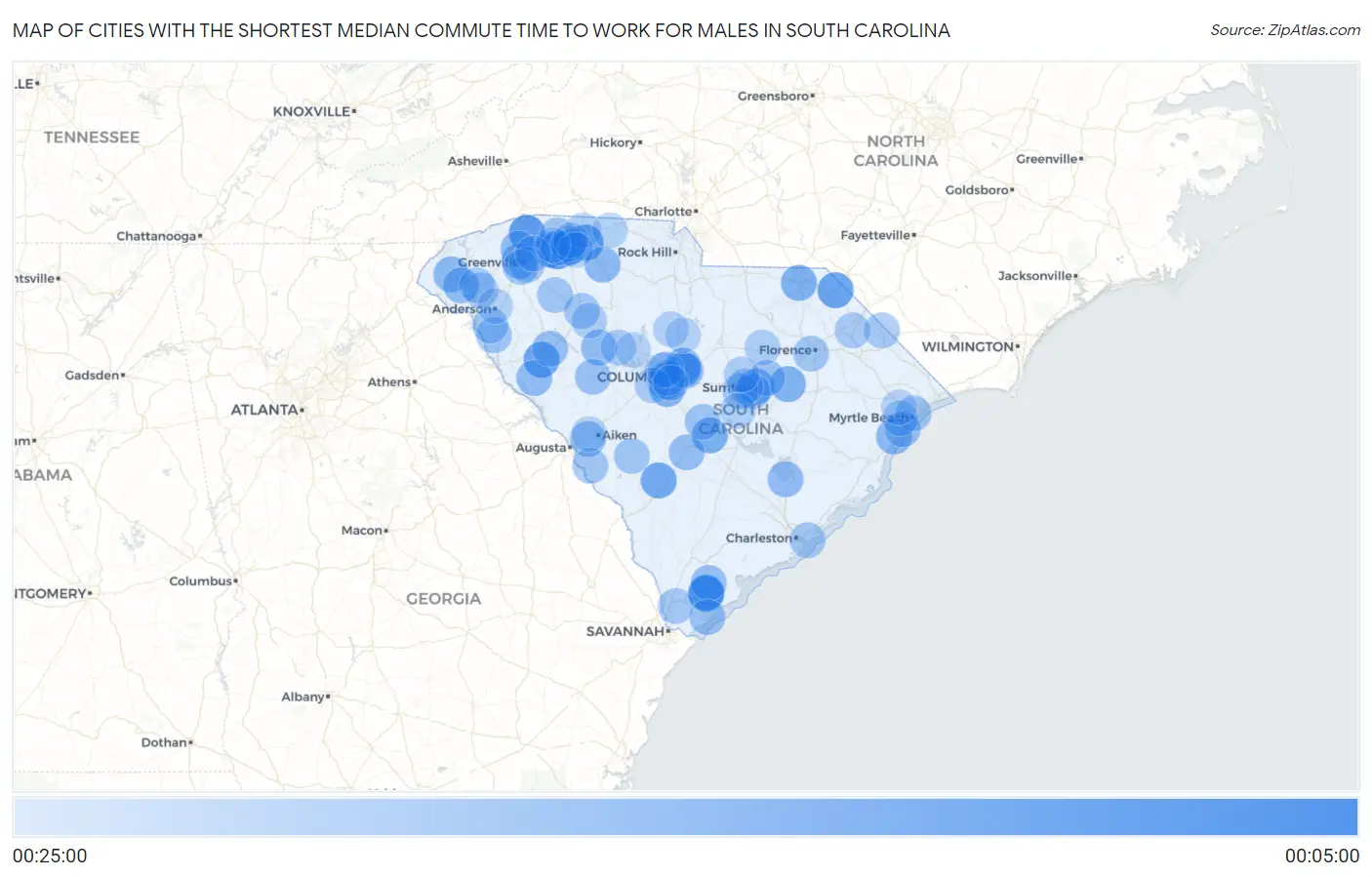 Cities with the Shortest Median Commute Time to Work for Males in South Carolina Map