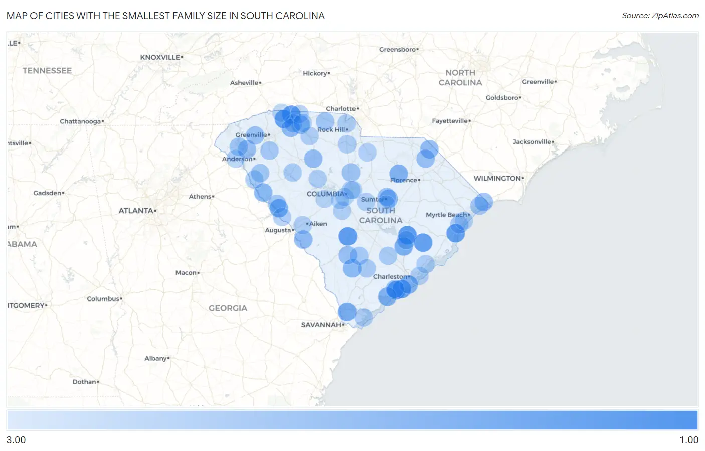 Cities with the Smallest Family Size in South Carolina Map