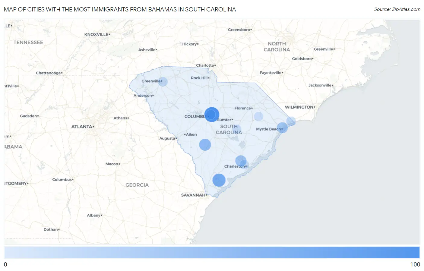 Cities with the Most Immigrants from Bahamas in South Carolina Map