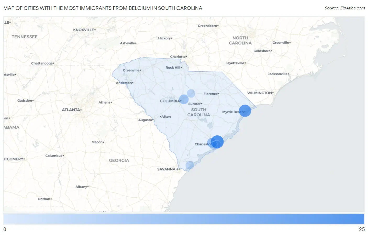 Cities with the Most Immigrants from Belgium in South Carolina Map