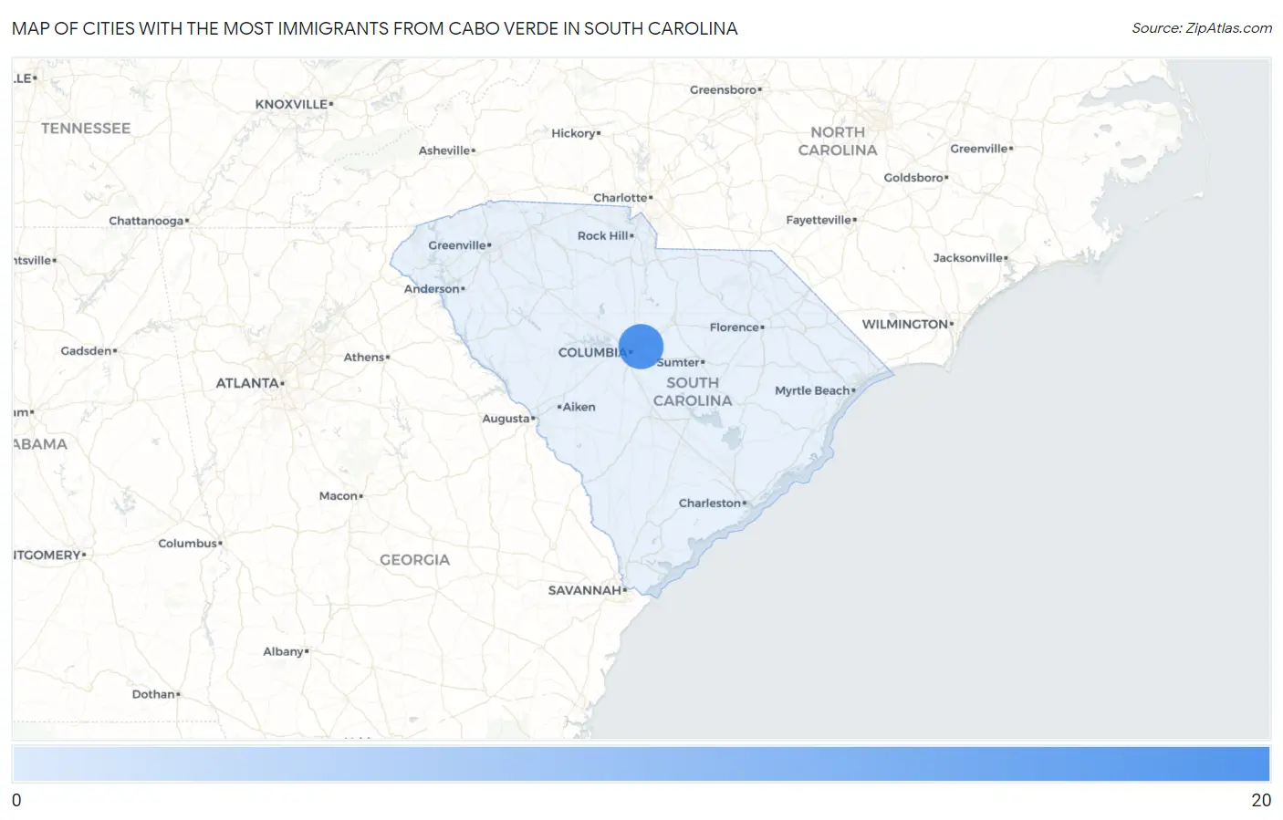 Cities with the Most Immigrants from Cabo Verde in South Carolina Map