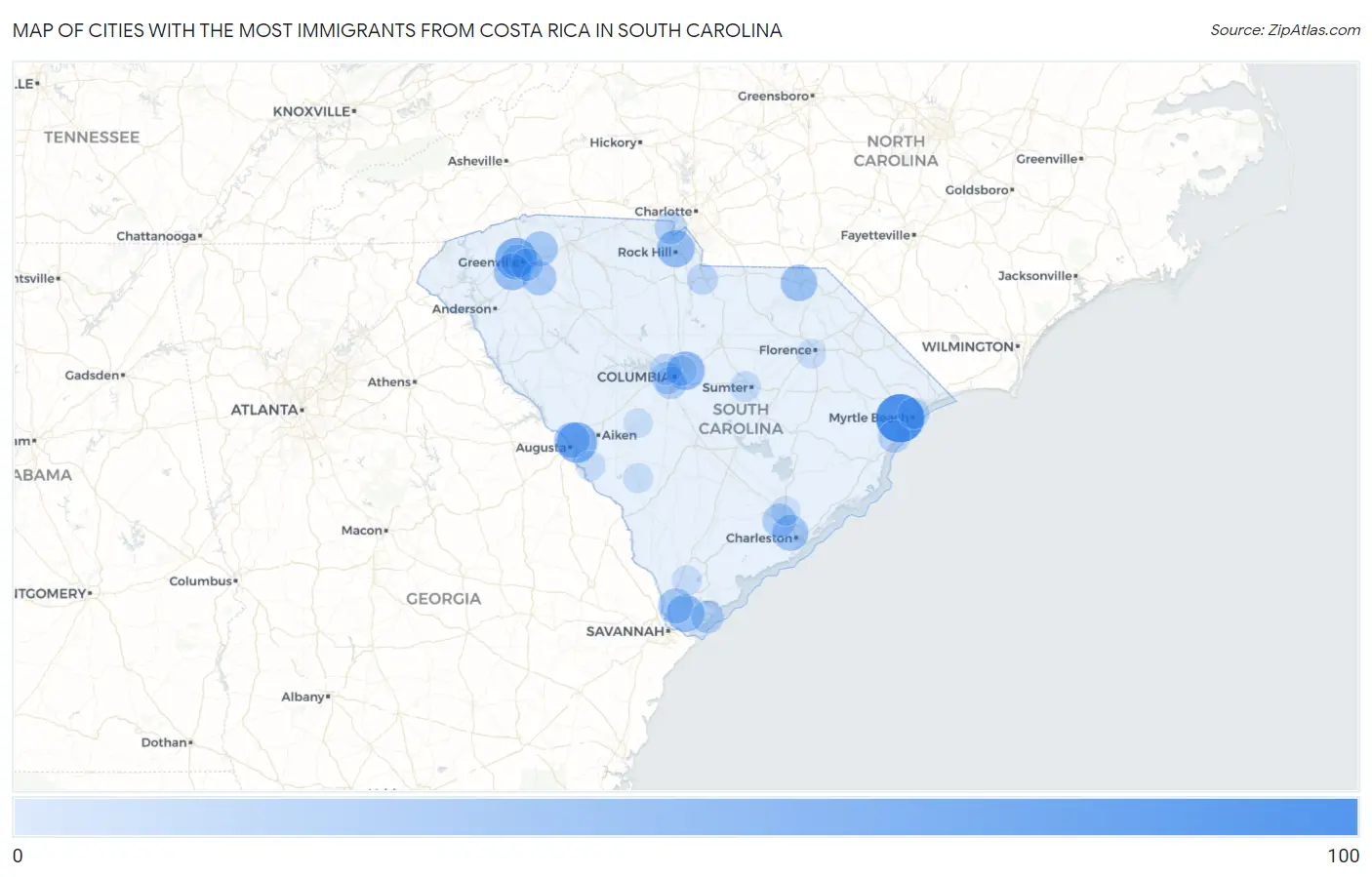 Cities with the Most Immigrants from Costa Rica in South Carolina Map