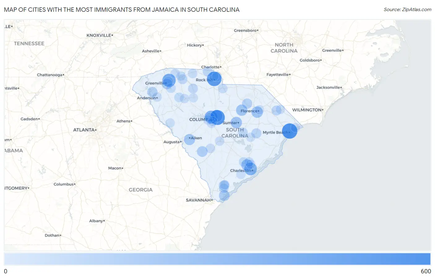 Cities with the Most Immigrants from Jamaica in South Carolina Map