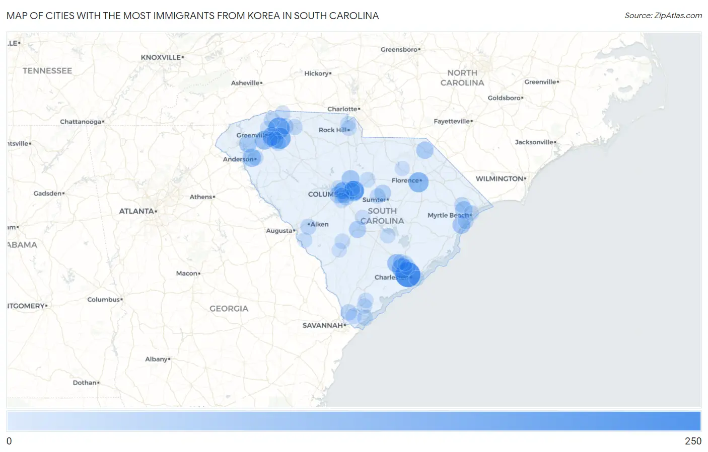 Cities with the Most Immigrants from Korea in South Carolina Map
