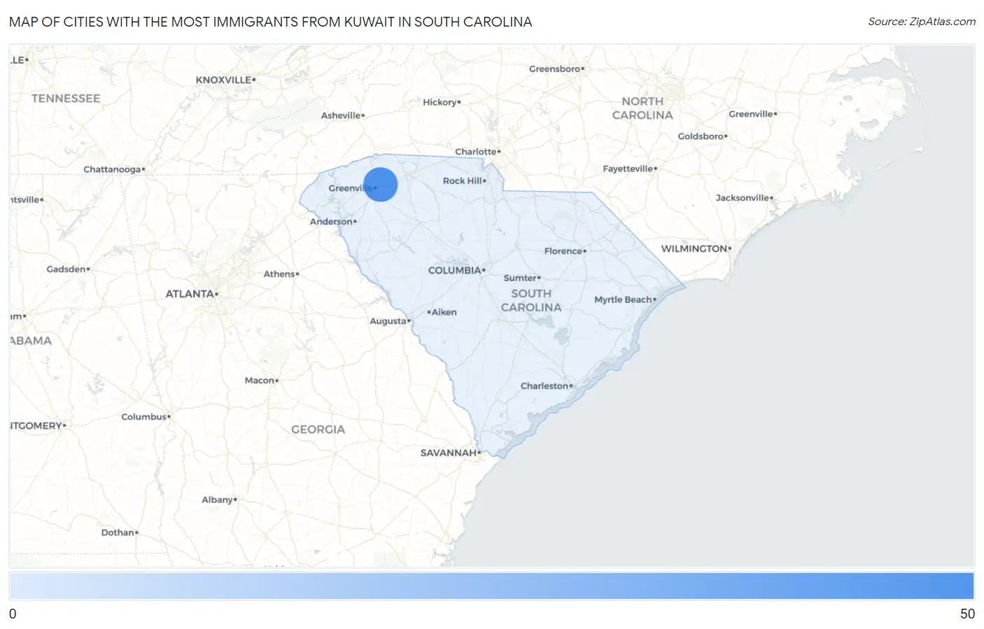Cities with the Most Immigrants from Kuwait in South Carolina Map