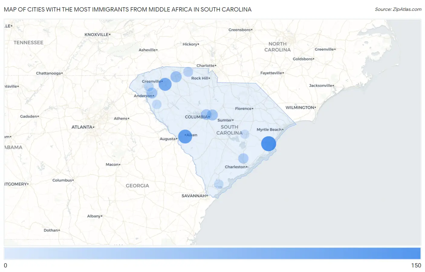 Cities with the Most Immigrants from Middle Africa in South Carolina Map