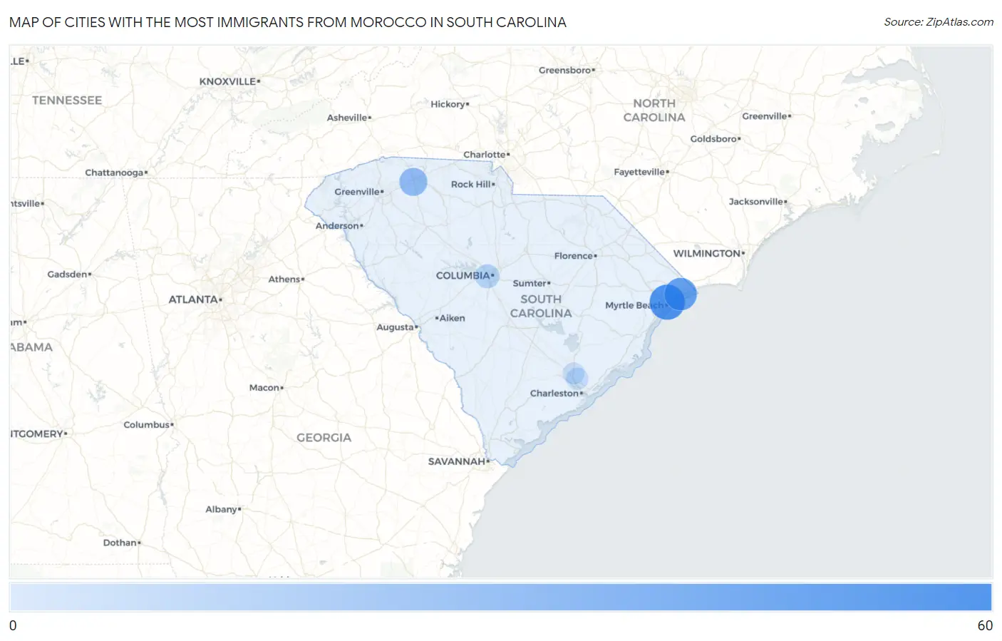 Cities with the Most Immigrants from Morocco in South Carolina Map