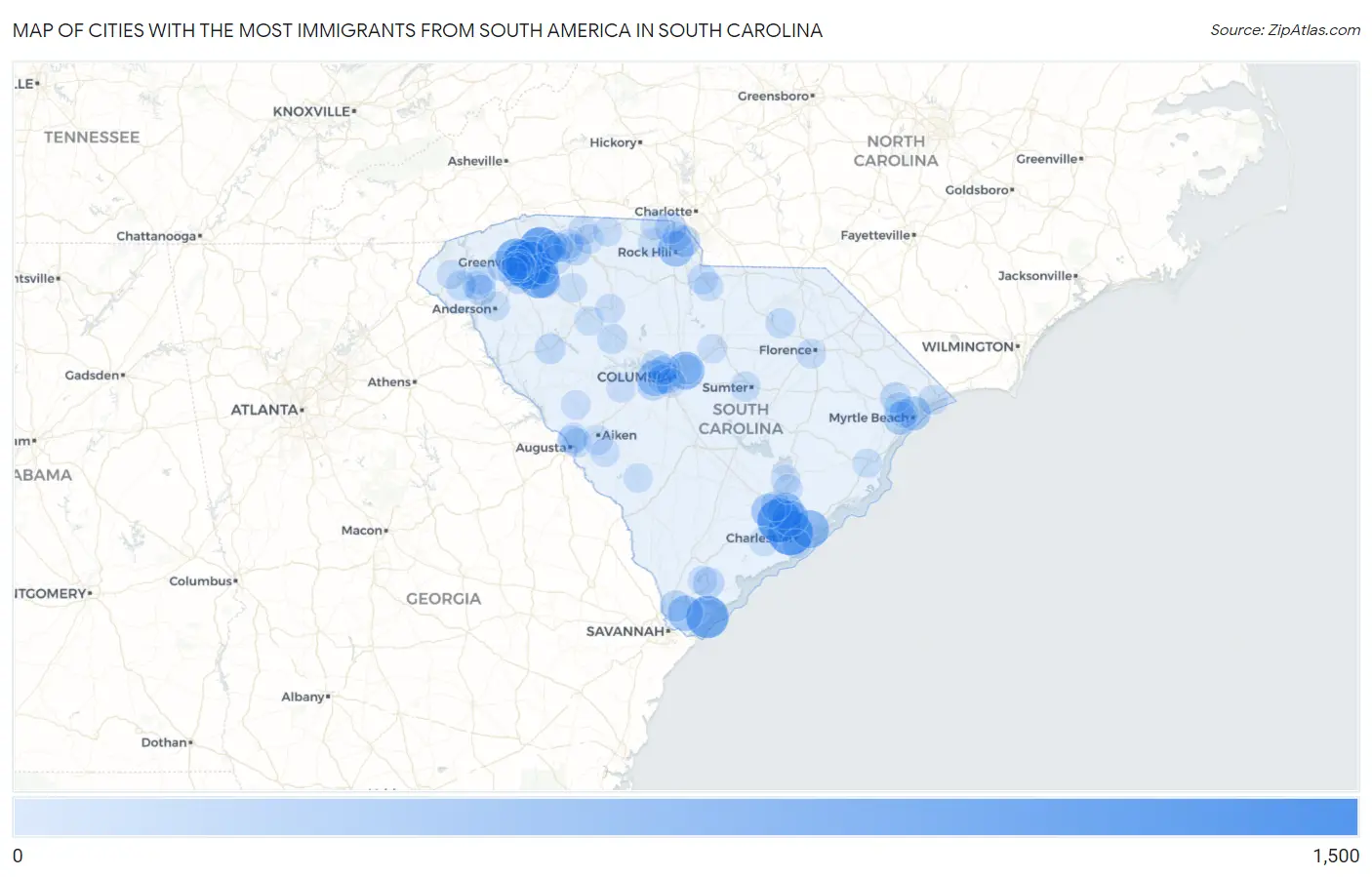 Cities with the Most Immigrants from South America in South Carolina Map