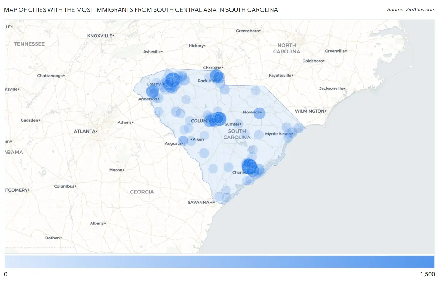 Cities with the Most Immigrants from South Central Asia in South Carolina Map
