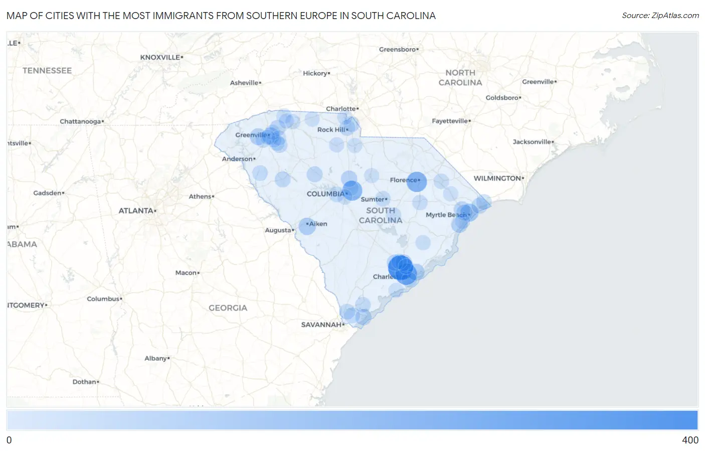 Cities with the Most Immigrants from Southern Europe in South Carolina Map