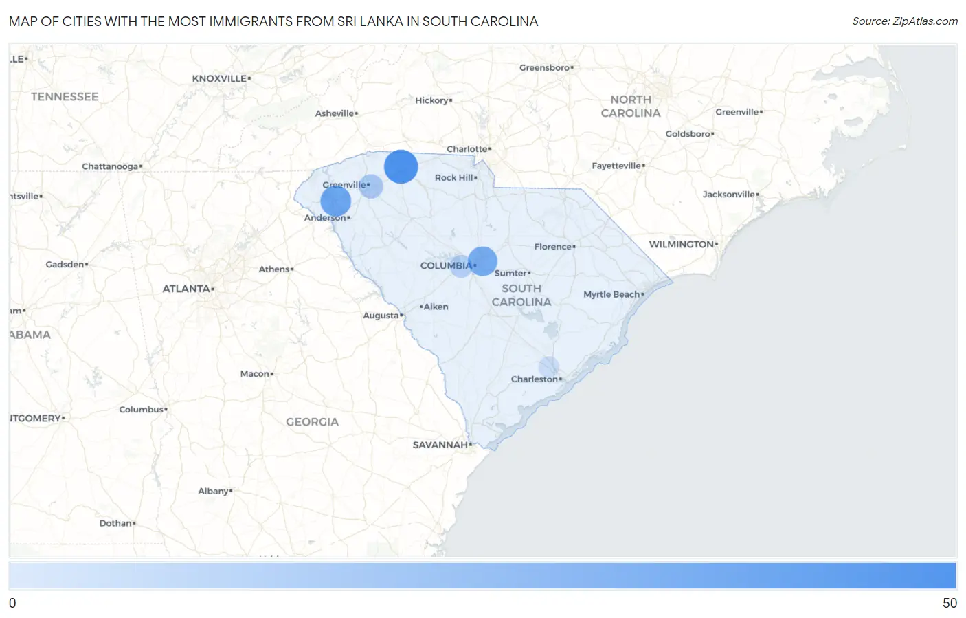 Cities with the Most Immigrants from Sri Lanka in South Carolina Map