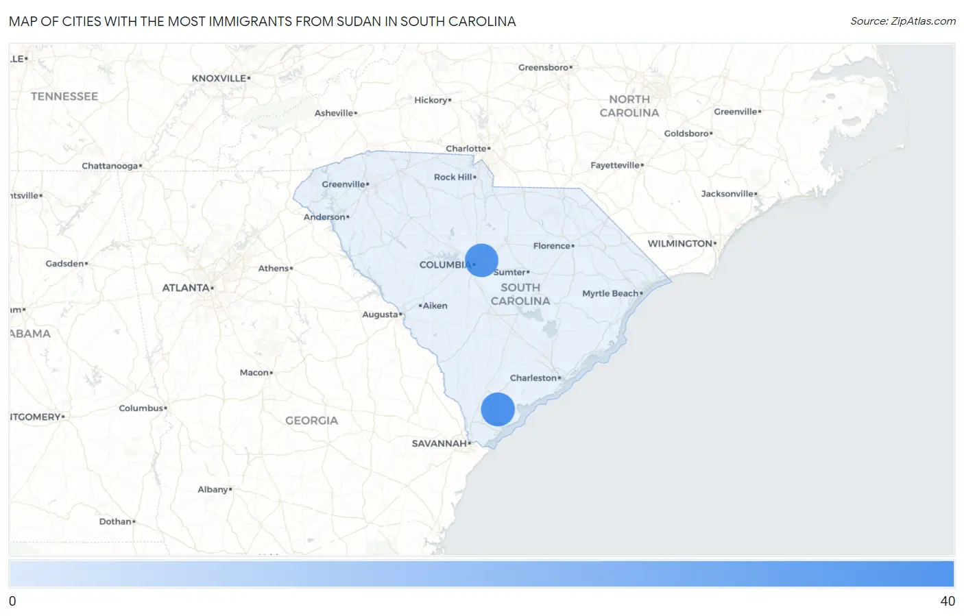 Cities with the Most Immigrants from Sudan in South Carolina Map