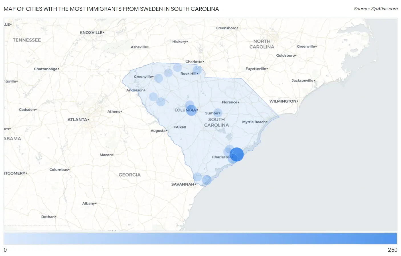 Cities with the Most Immigrants from Sweden in South Carolina Map