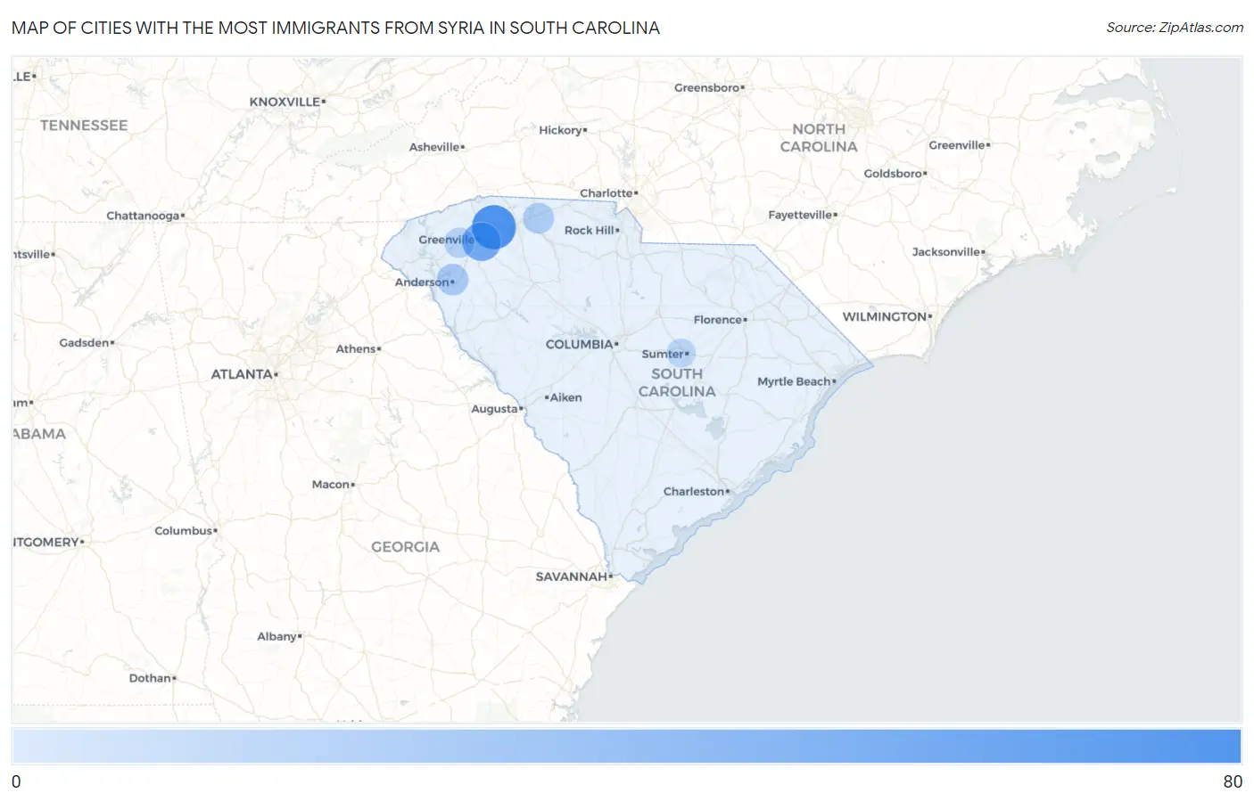 Cities with the Most Immigrants from Syria in South Carolina Map